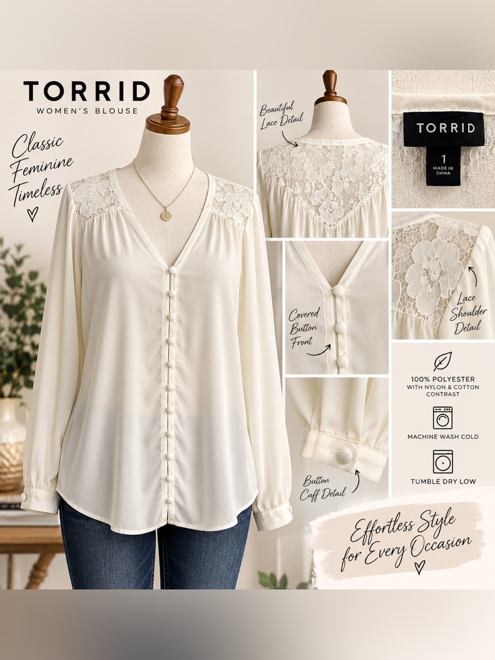 Torrid Ivory Lace Yoke Button-Front Blouse — Size 1